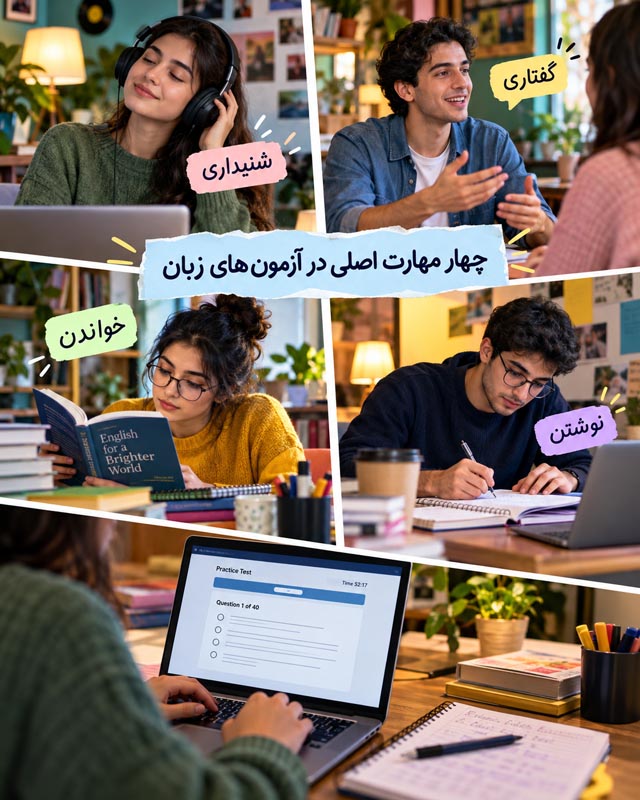 انواع آزمون زبان انگلیسی؛ مقایسه آزمونهای داخلی و بینالمللی 2 کلاژ تصویری چهار مهارت شنیداری، گفتاری، خواندن و نوشتن در آزمونهای زبان انگلیسی و تمرین با رایانه