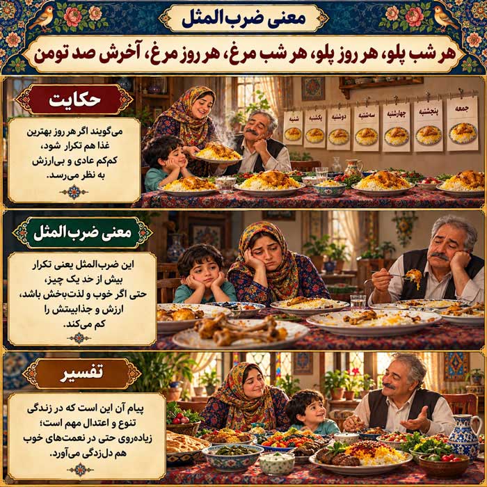 معنی ضرب المثل هر شب پلو، هر روز پلو، هر شب مرغ، هر روز مرغ، آخرش صد تومن به همراه تفسیر 2 تفسیر و تحلیل